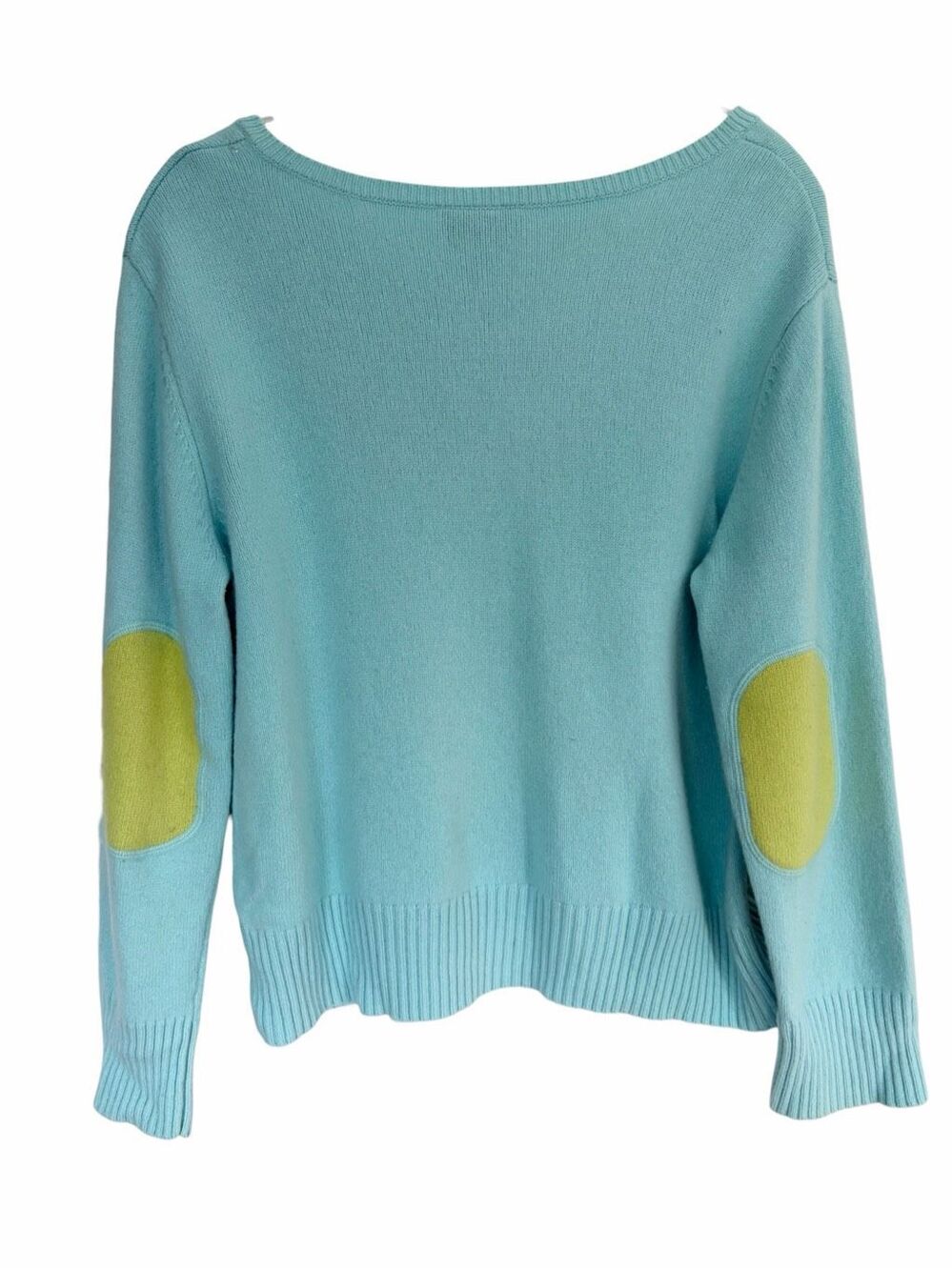 Talbots Aqua Blue Knit V neck Sweater with Yellow Elbow Patch Sz X.